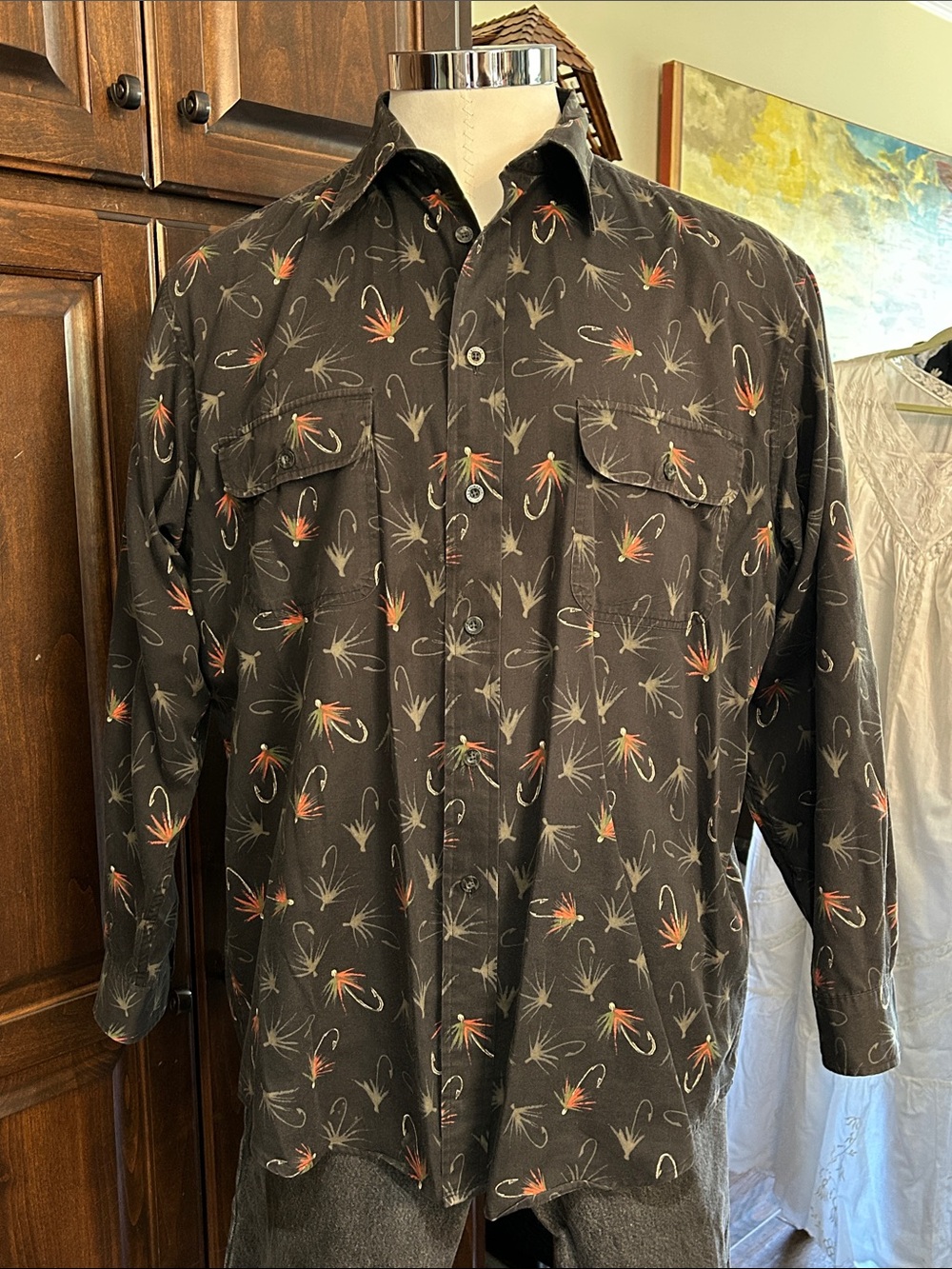 Roundtree & Yorke Outdoors Sz L Black Long Sleeve Button-Up Shirt - Fly Fishing